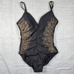 Miraclesuit Temptation Black Gold Floral One Piece‎ Swimsuit 12 Strappy Back